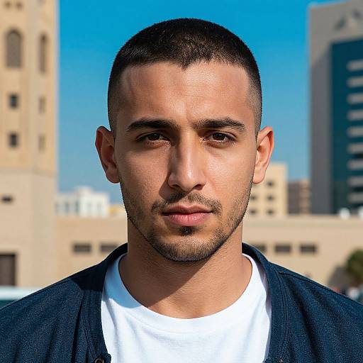 Photograph of a young, handsome, Middle Eastern man with short dark hair, stubble, and brown eyes, wearing a white shirt and dark card