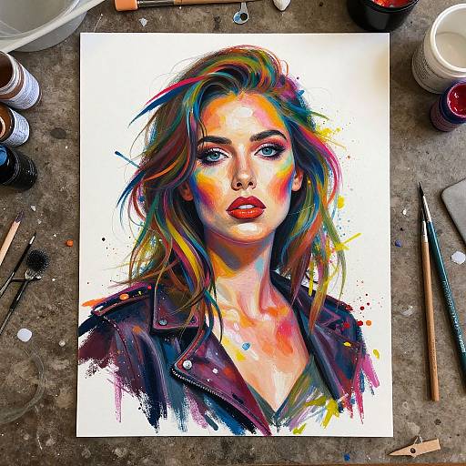 Vividly colored digital portrait of a woman with rainbow hair, red lips, and black leather jacket on a painter's cluttered desk.