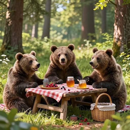 Smiling Bears Picnic in Forest Glade
