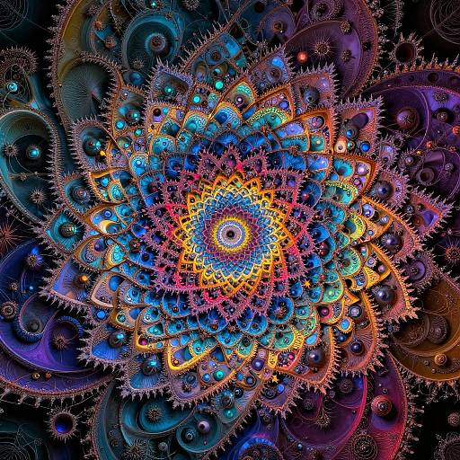 Vibrant, digital fractal artwork featuring a complex, multicolored mandala with glowing blue, orange, and red patterns on a dark background