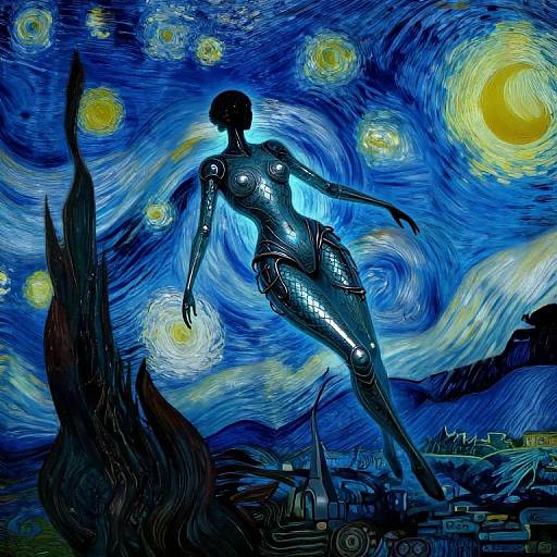 Digital art of a metallic, futuristic, nude female figure dancing in Vincent van Gogh's 