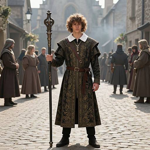 Confident Young Mage in Medieval Village