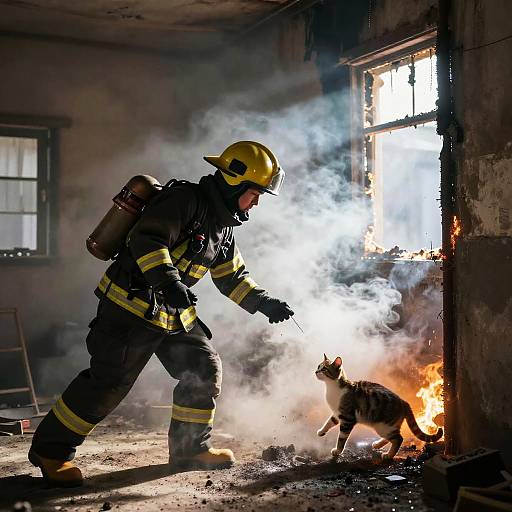 Photograph of a firefighter in yellow helmet and gear, aiming water hose at fire while a cat stands nearby. Bright flames and smoke escape through window.