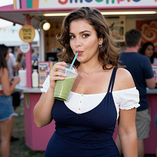 Photograph of a curvy brunette woman with wavy hair, wearing a black off-shoulder top, sipping a green smoothie at a
