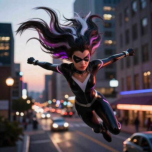 Skunk Girl Superhero Soaring at Dusk