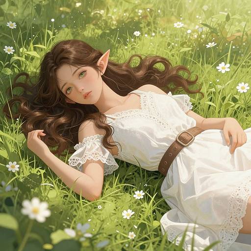 Digital painting of a beautiful, elf-like woman with long, wavy brown hair, green eyes, and pointed ears, lying in sunlit grass,