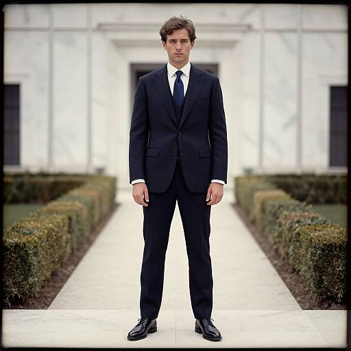 Photograph of a serious, handsome man with dark hair in a black suit, white shirt, and black tie, standing on a white path with trimmed