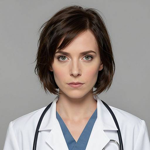 Photorealistic digital portrait of a young white woman with short brown hair, wearing a white lab coat and blue scrubs, against a plain gray background