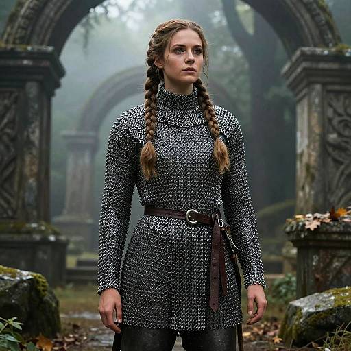 Photograph-style digital artwork of a young woman with braided hair, wearing a medieval chainmail tunic, standing in a misty, ancient stone