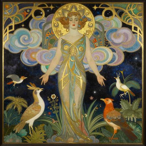 Art Nouveau painting of a goddess-like woman in gold and blue dress, surrounded by colorful birds and swirling clouds, with a starry night background.