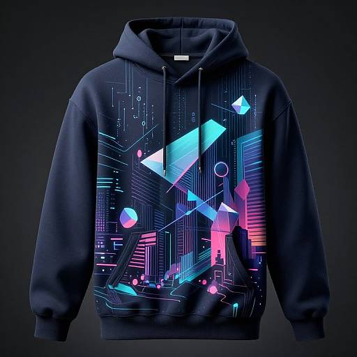 Photograph of a black hoodie with a vibrant, digital geometric design featuring neon blue, pink, and purple shapes and lines.