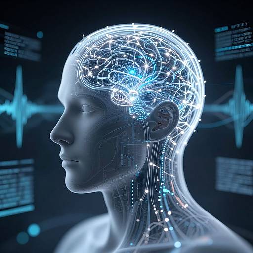 Digital CGI image of a translucent, blue-lit, human head profile showing neural networks and data streams against a dark, futuristic background.