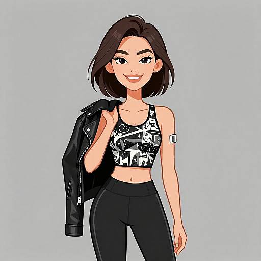 Digital illustration of a smiling Asian woman with short black hair, wearing a black graphic crop top, black pants, and a leather jacket on her shoulder,
