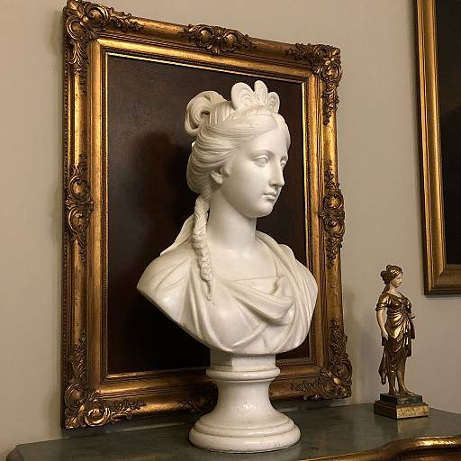 Photograph of a white marble bust of a woman with intricate braids, framed in an ornate gold frame, displayed beside a small bronze statue on