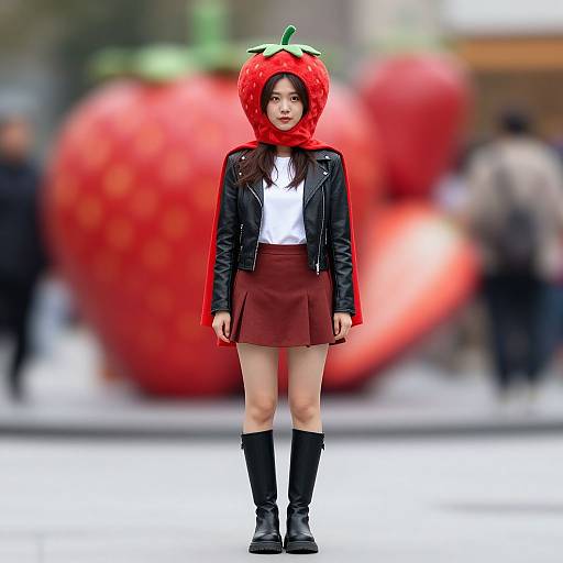 Photograph of an Asian woman in a red strawberry hood, black leather jacket, white shirt, red skirt, black knee socks, and black shoes,