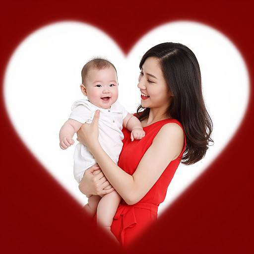 Photograph of an Asian woman with long black hair in a red dress, smiling while holding a chubby, bald baby in a white onesie, framed