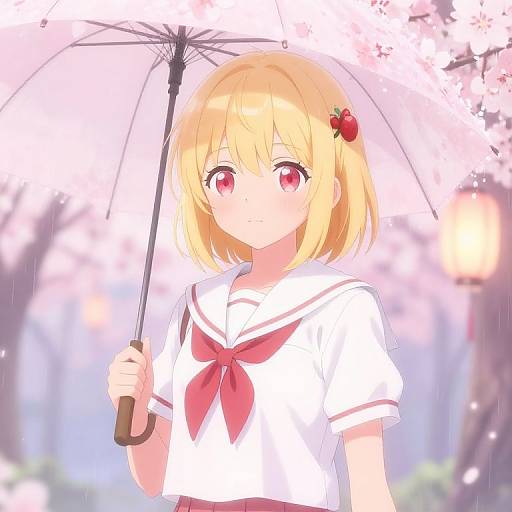 Anime-style digital drawing of a blonde girl with red eyes holding a black umbrella, wearing a white sailor uniform with a red necktie, under pink cherry