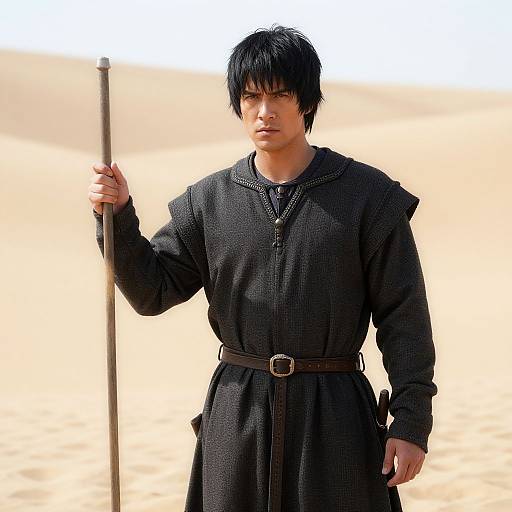Photograph of a serious Asian man with black hair, wearing a dark, textured medieval-style robe and belt, holding a wooden staff in a sandy,