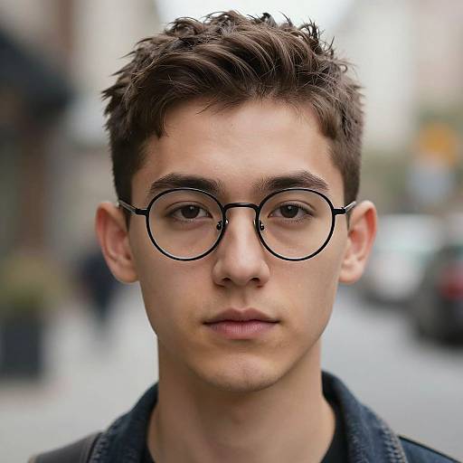 Photograph of a young, light-skinned man with short, messy brown hair, wearing round black-rimmed glasses and a dark blue jacket,