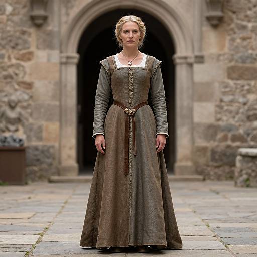 Photograph of a serious, blonde woman in a brown, medieval-style dress with a white collar, standing in front of a stone archway.