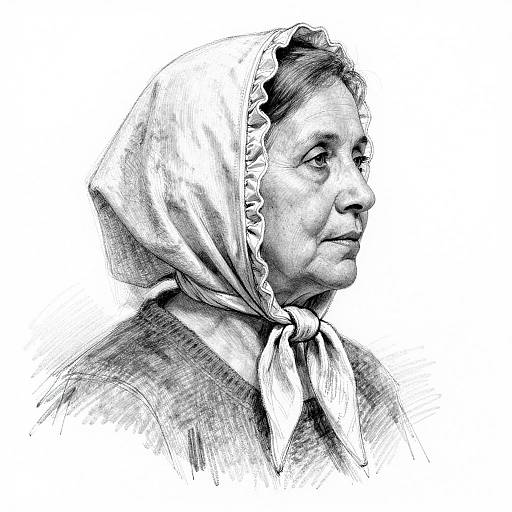 Black and white pencil drawing of an elderly woman in profile, wearing a headscarf and tied blouse, with detailed textures and expressive features.