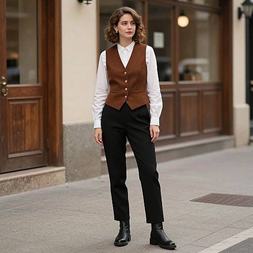 Photograph of a woman with wavy brown hair, wearing a white shirt, brown vest, black trousers, and black boots, standing on a city