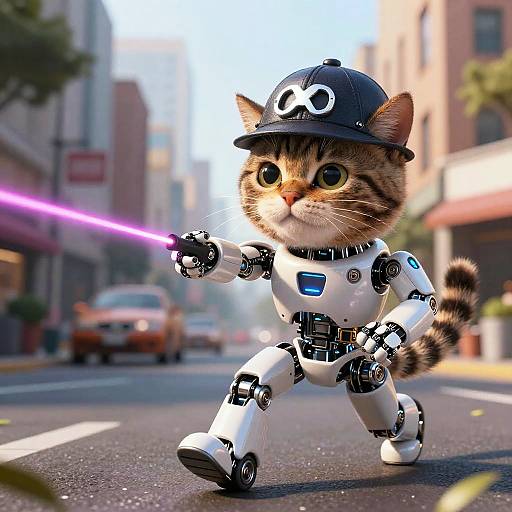 CGI cat in robot suit with black helmet, wielding pink laser, walks city street with blurred buildings and cars.