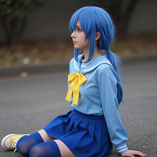 Digital anime-style photograph of a young girl with vibrant blue hair, wearing a blue sailor school uniform with yellow bow, navy skirt, and thigh-high socks