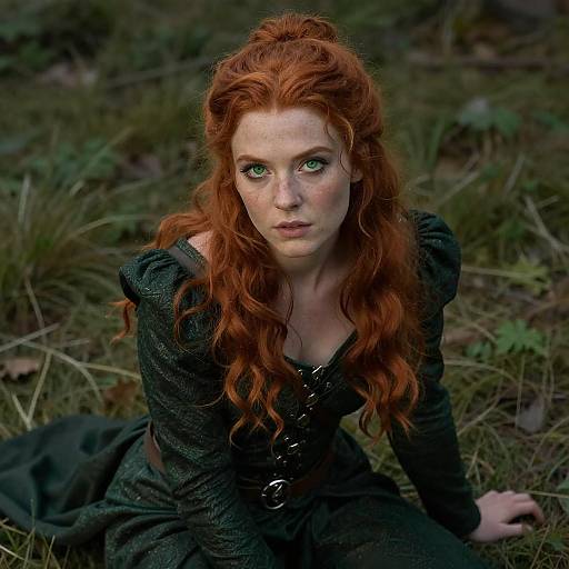 Red-Haired Woman in Fantasy Costume Sitting on Grass