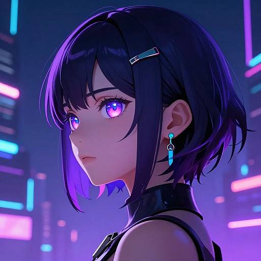 Digital anime-style portrait of a young woman with black hair, purple eyes, and glowing neon earrings, set against a futuristic cityscape.