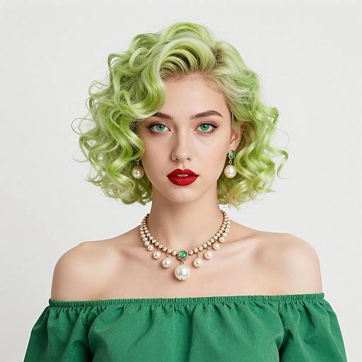 Young Woman with Lime Green Curly Hair and Pearl Jewelry