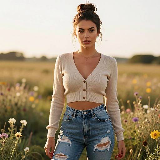 Photograph of a young woman with dark hair in a bun, wearing a cream cardigan and ripped blue jeans, standing in a sunlit meadow