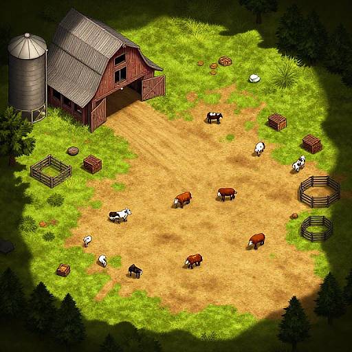 Aerial view of a vibrant farmyard with red barn, silo, cows, and calves on yellow dirt, surrounded by green grass and trees.