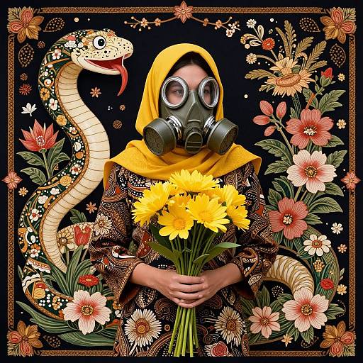 Woman in Yellow Hood with Floral Snake