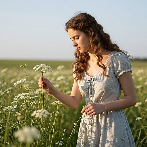 Romantic Woman Gathering Cow Parsley