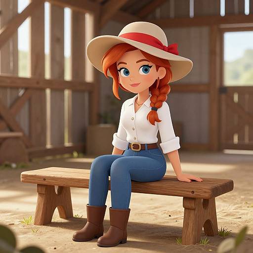 Digital artwork of a cute, red-haired girl with blue eyes, wearing a white shirt, blue jeans, brown boots, and a wide-brimmed