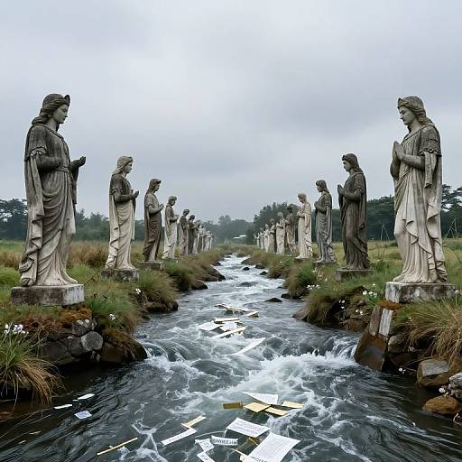 Photograph of a row of classical stone statues standing on either side of a flowing, rocky stream with floating papers. Overcast sky, grassy landscape