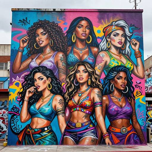Vibrant digital graffiti of five tattooed, curvy women with diverse hair styles and colors, wearing colorful bikinis and hoop earrings. Urban background