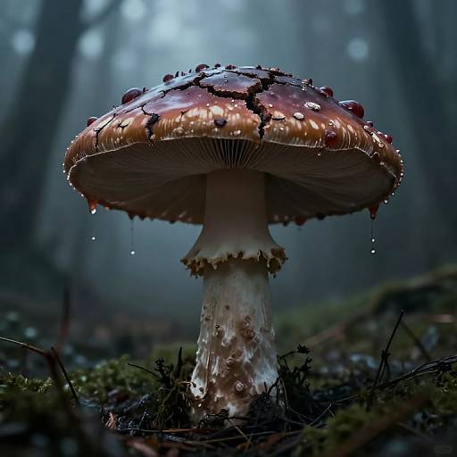 Photograph of a large, brown-capped mushroom with droplets of water on its glistening surface, standing in a misty forest.