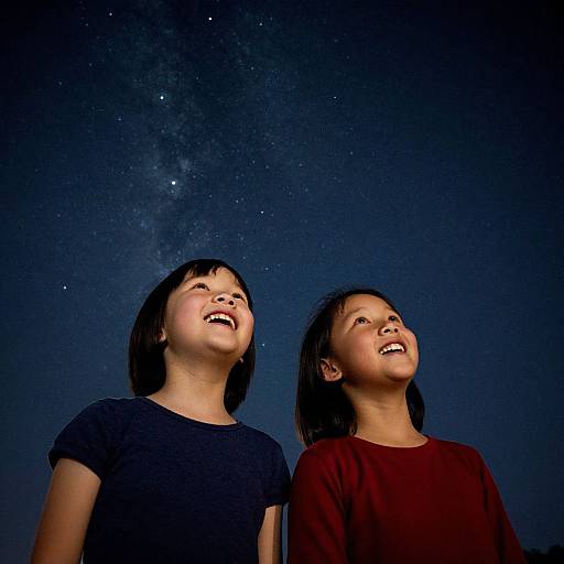 Photograph of two Asian children, a girl in black and a boy in red, smiling at a starry night sky.