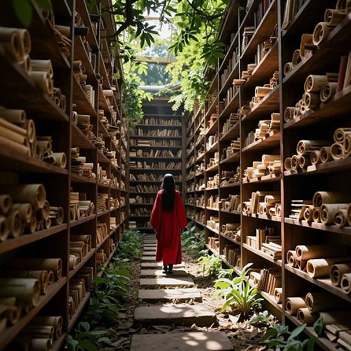 Photograph of a woman in a red robe walking down a narrow, sunlit aisle between tall wooden shelves filled with rolled scrolls, surrounded by greenery