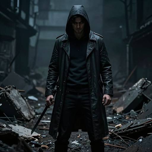 Photograph of a hooded man in a black leather coat, holding a cane, standing in a dark, ruined, debris-filled alley.
