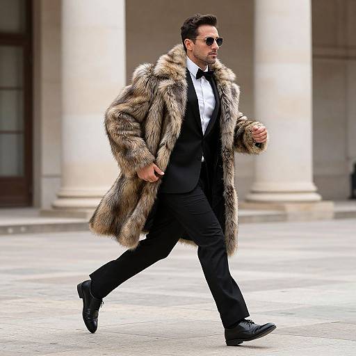 Photograph of a stylish man in a long, brown fur coat, black tuxedo, white shirt, black tie, sunglasses, and black shoes