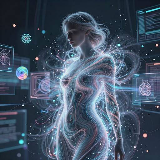 Digital art: Silhouetted blonde woman with glowing, neon-blue, wave-like light encasing her body, surrounded by futuristic holographic screens and