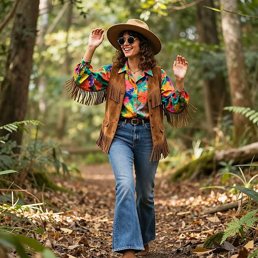 Woman in 70s Outfit Walking in Forest