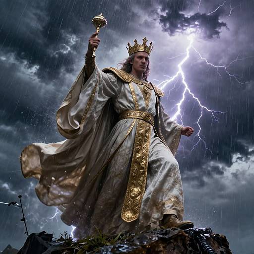 Photorealistic digital art of a crowned king in gold-trimmed white robe, standing on rocky ground, holding a scepter, with lightning and