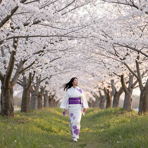 Elegant Woman in Cherry Blossom Field