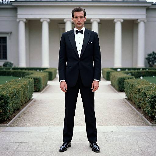 Photograph of a serious, handsome man in a black tuxedo with a white shirt and black bow tie, standing on a white stone path in