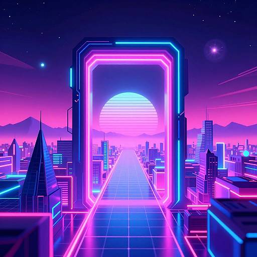 Neon-lit futuristic cityscape with glowing blue and pink grid pathways, towering skyscrapers, and a radiant sunset over mountains in the background.