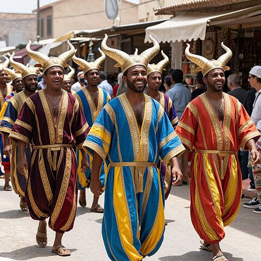 Mythical Horned Men in Sunlit Parade